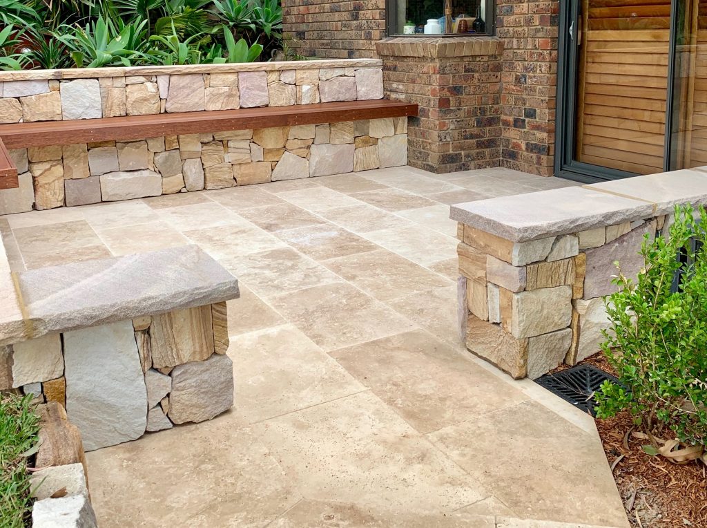 Irregular Ranch walling Stone, Capping sandstone and Travertine paver in an landscaping project