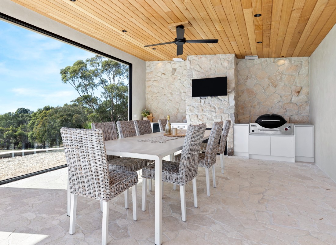 Foster walling, and Hotham limestone crazy paving, outdoor kitchen area